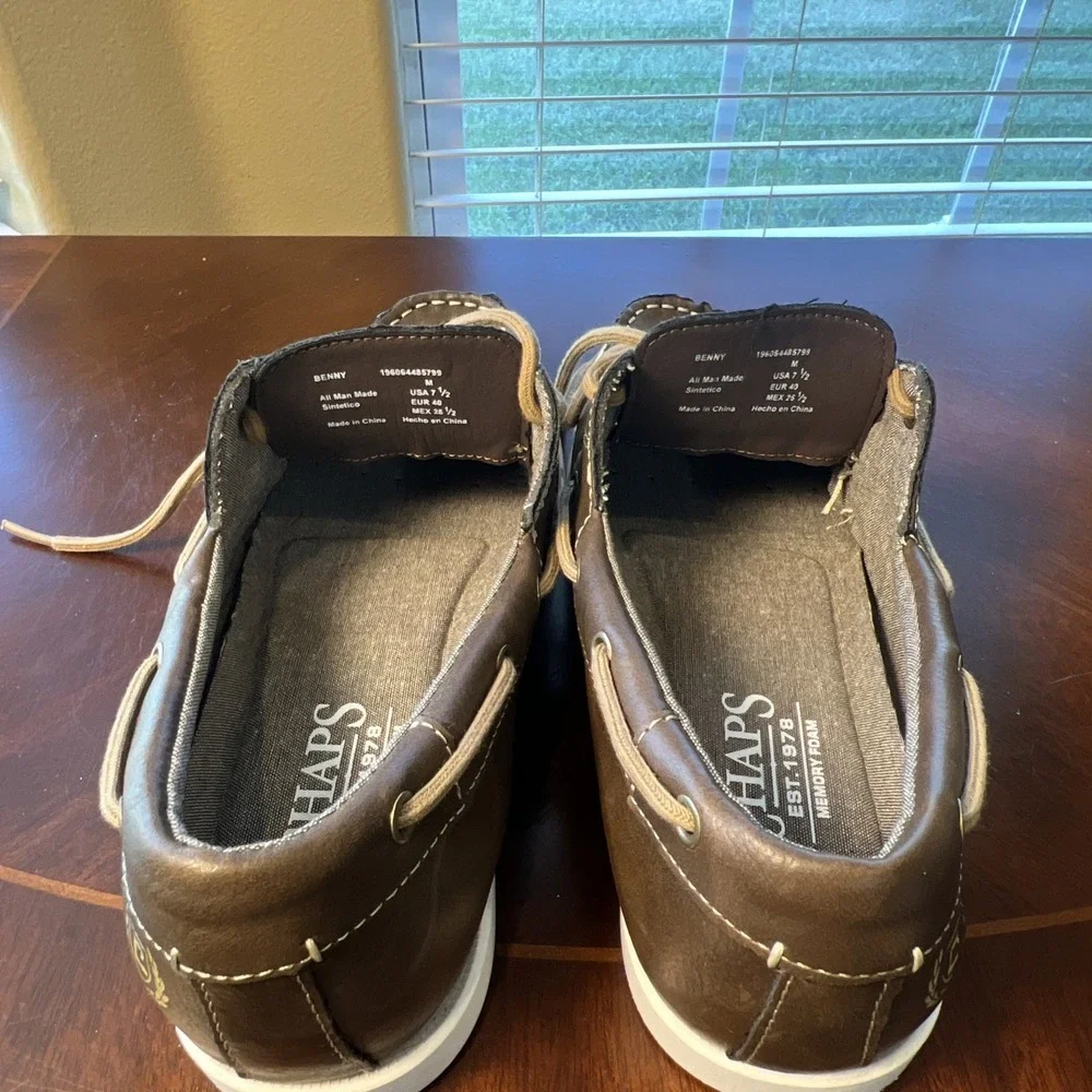 Chaps Benny Boat Shoes Mens Sz 7.5 Brown Cognac Slip On Memory Foam Nautical